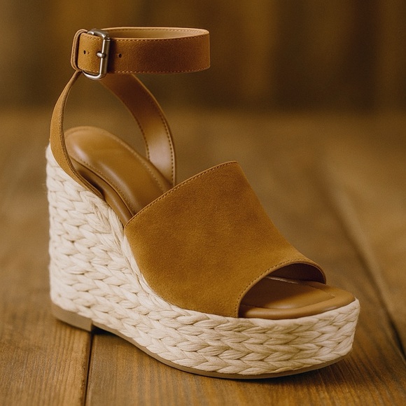 Mark Fisher Shoes - Mark Fisher Tan Suede Nelly Wedge Square Toe Ankle Buckle Platform Wedges Sz 8
